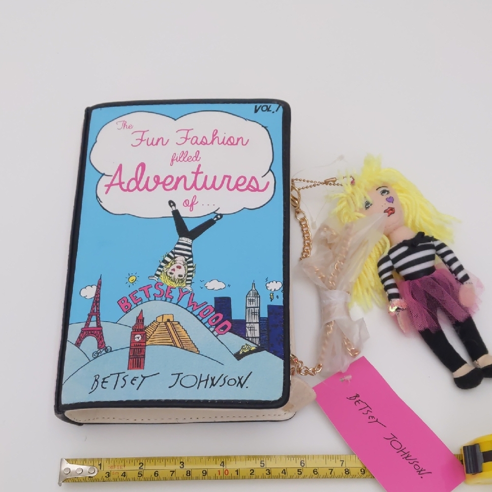 Betsey Johnson Blue 'Adventures' Book Purse with Doll Keychain